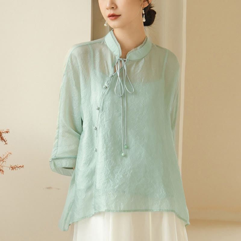 Buddha Stones Green Color Lace-up Three Quarter Sleeve Shirt With Tank Top