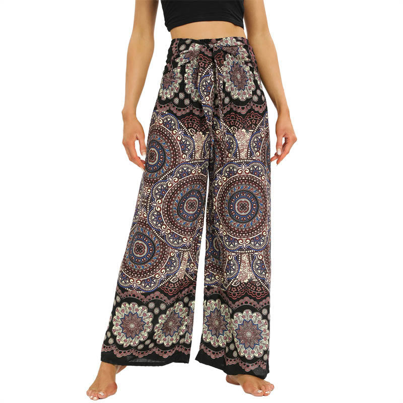 Buddha Stones Boho Mandala Print Lace-up Wide Leg Pants Women's Yoga Pants - Tan - US2-12，UK/AU6-16，EU34-44 (F) - image 1