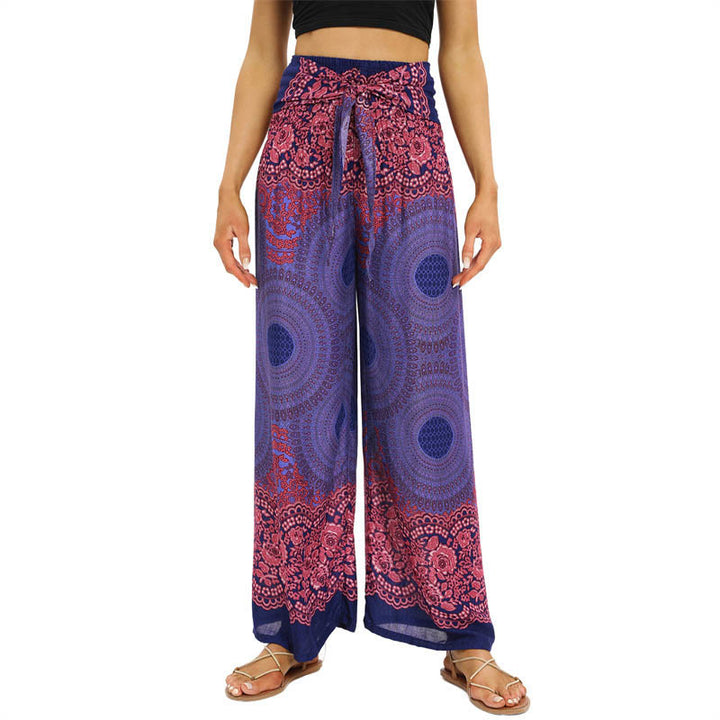 Buddha Stones Bohemian Compass Flower Print Lace-up Wide Leg Pants Women's Yoga Pants - MediumSlateBlue - US2-12，UK/AU6-16，EU34-44 (F) - image 7