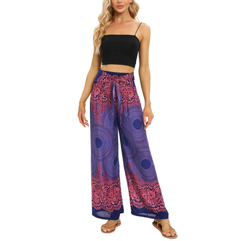 Buddha Stones Bohemian Compass Flower Print Lace-up Wide Leg Pants Women's Yoga Pants - image 13