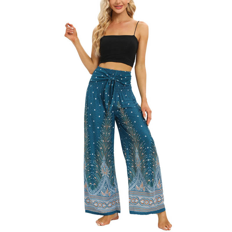 Buddha Stones Boho Peacock Feathers Lace-up Wide Leg Pants Women's Yoga Pants - image 12