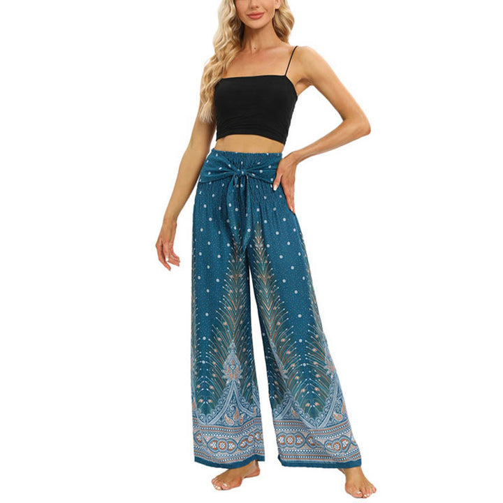 Buddha Stones Boho Peacock Feathers Lace-up Wide Leg Pants Women's Yoga Pants - image 16