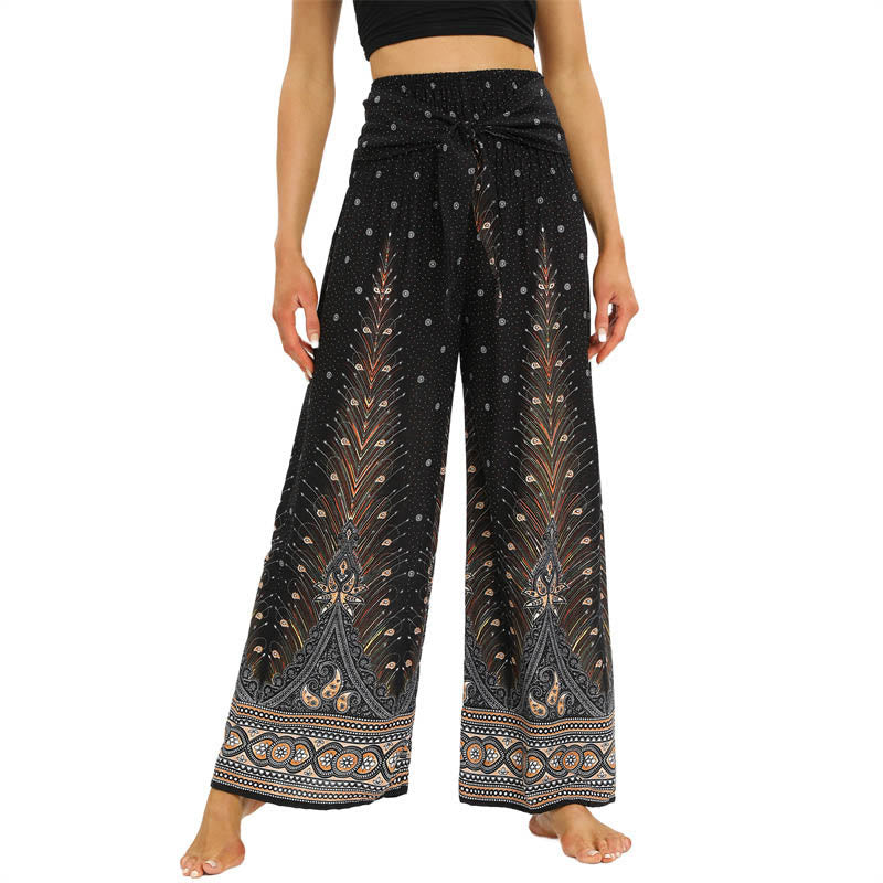 Buddha Stones Boho Peacock Feathers Lace-up Wide Leg Pants Women's Yoga Pants - Sienna - US2-12，UK/AU6-16，EU34-44 (F) - image 1