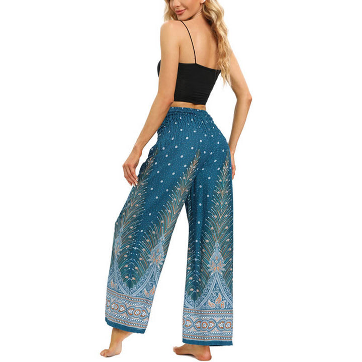 Buddha Stones Boho Peacock Feathers Lace-up Wide Leg Pants Women's Yoga Pants - image 13