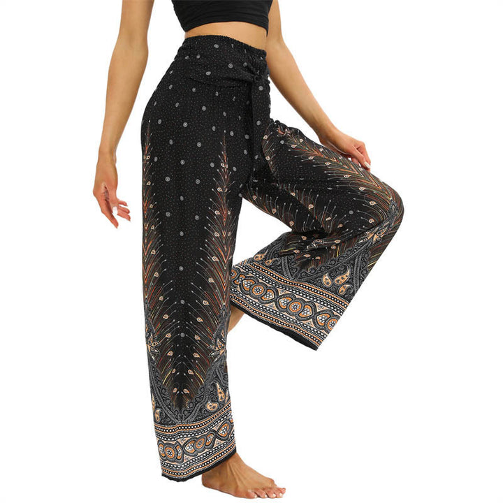 Buddha Stones Boho Peacock Feathers Lace-up Wide Leg Pants Women's Yoga Pants - image 4