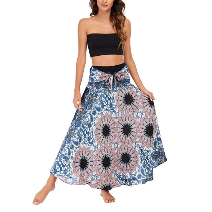 Buddha Stones Two Style Wear Bohemian Mandala Flower Water Drop Lace-up Skirt Dress