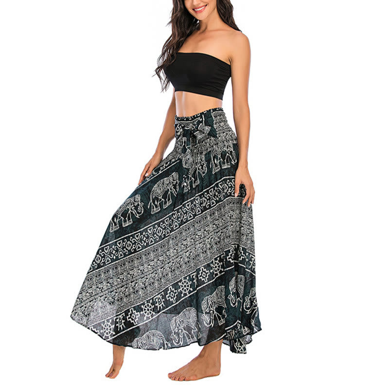 Buddha Stones Two Style Wear Boho Elephant Geometry Lace-up Skirt Dress - image 1