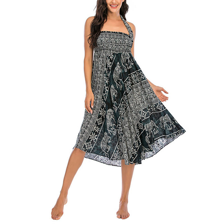 Buddha Stones Two Style Wear Boho Elephant Geometry Lace-up Skirt Dress - image 2