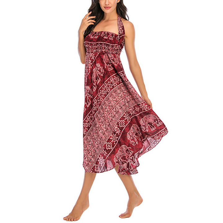 Buddha Stones Two Style Wear Boho Elephant Geometry Lace-up Skirt Dress - image 10