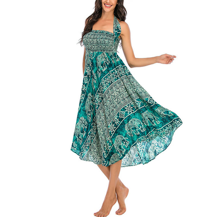 Buddha Stones Two Style Wear Boho Elephant Geometry Lace-up Skirt Dress - image 30