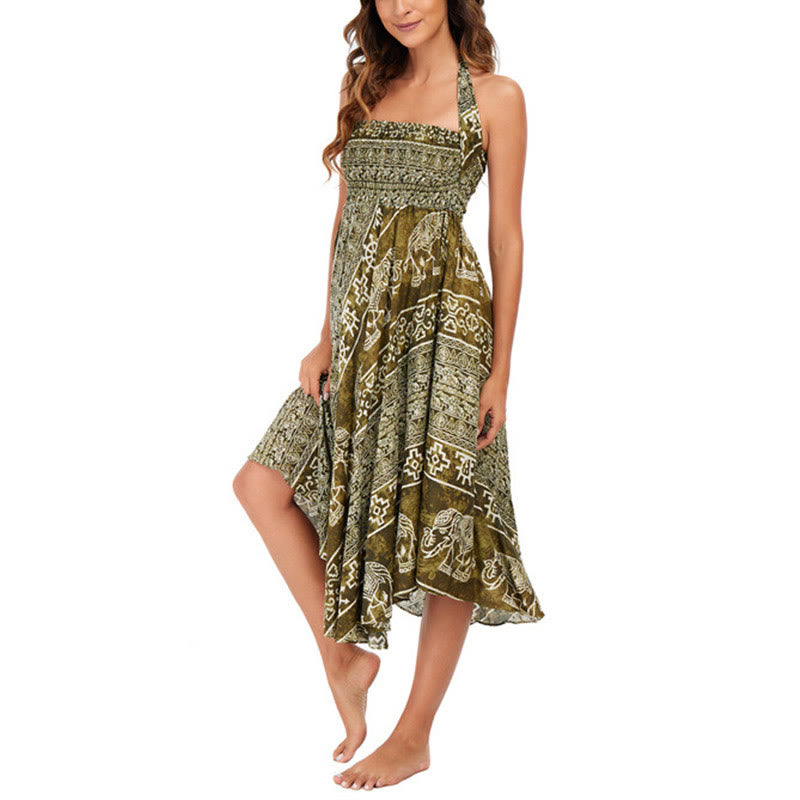 Buddha Stones Two Style Wear Boho Elephant Geometry Lace-up Skirt Dress