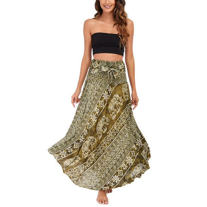 Buddha Stones Two Style Wear Boho Elephant Geometry Lace-up Skirt Dress - image 33
