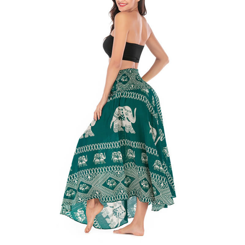 Buddha Stones Two Style Wear Bohemian Summer Elephant Lines Lace-up Skirt Dress