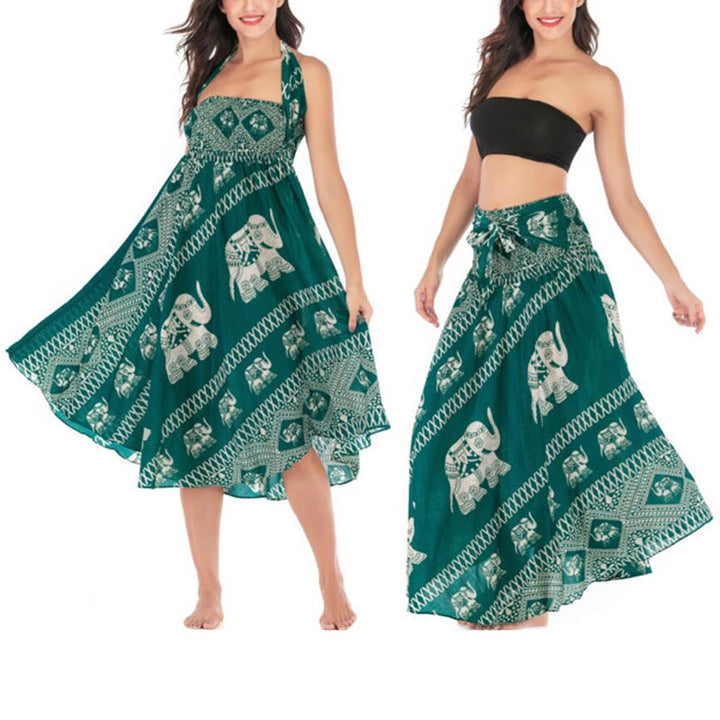 Buddha Stones Two Style Wear Bohemian Summer Elephant Lines Lace-up Skirt Dress