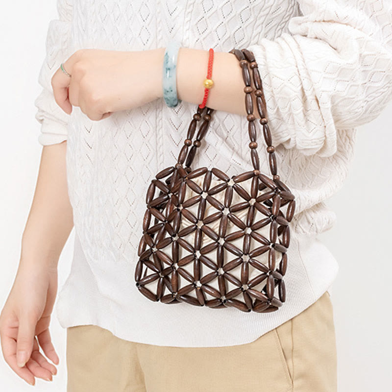 Buddha Stones Hand-woven Mini Wooden Beads Handbag