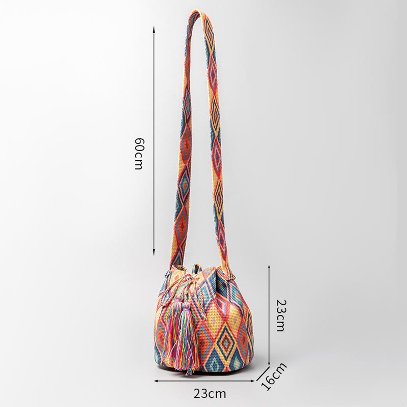 Buddha Stones Colorful Geometry Flowers Print Canvas Bucket Crossbody Bag Shoulder Bag