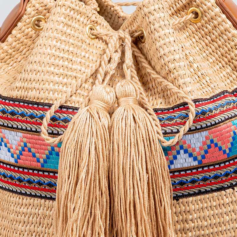 Buddha Stones Beach Geometry Straw Woven Bucket Tassels Crossbody Bag Shoulder Bag