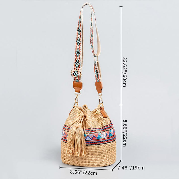 Buddha Stones Beach Geometry Straw Woven Bucket Tassels Crossbody Bag Shoulder Bag