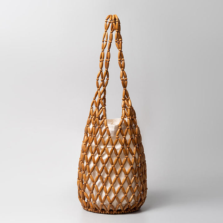 Buddha Stones Hand-woven Wooden Beads Bucket Shoulder Bag Handbag