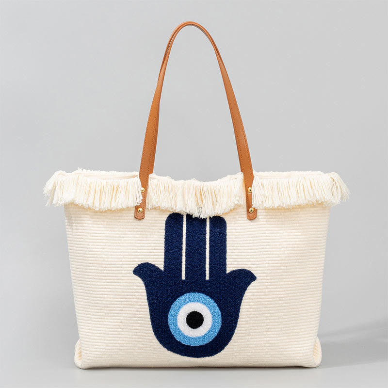 Buddha Stones Large Capacity Evil Eye Leaf Hamsa Tassel Canvas Tote Shoulder Bag