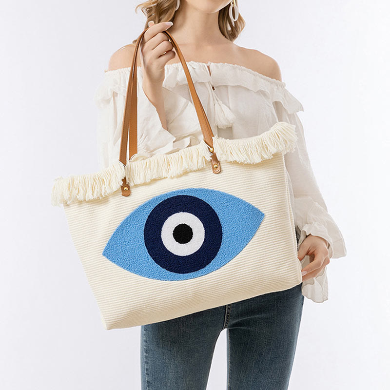 Buddha Stones Large Capacity Evil Eye Leaf Hamsa Tassel Canvas Tote Shoulder Bag