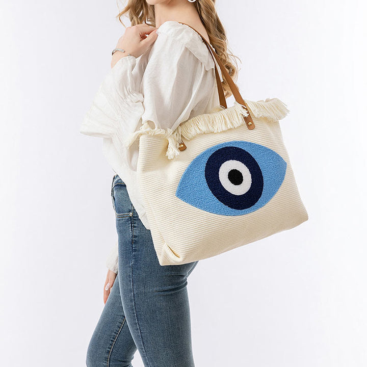 Buddha Stones Large Capacity Evil Eye Leaf Hamsa Tassel Canvas Tote Shoulder Bag