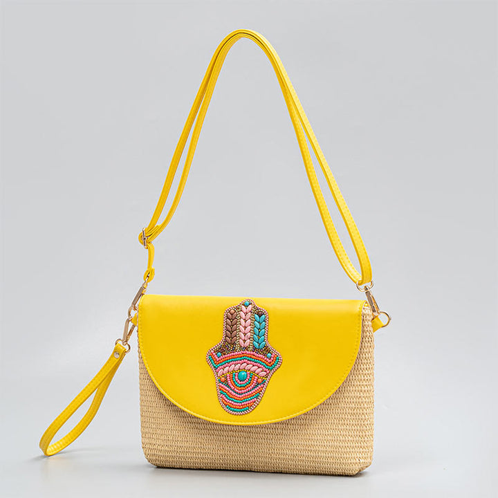 Buddha Stones Hamsa Elephant Flower Straw Woven Crossbody Bag Shoulder Bag Handbag