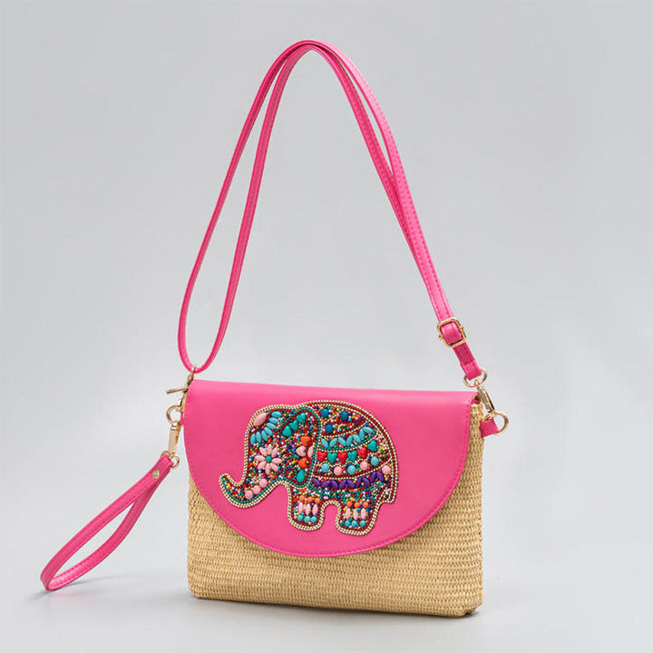 Buddha Stones Hamsa Elephant Flower Straw Woven Crossbody Bag Shoulder Bag Handbag