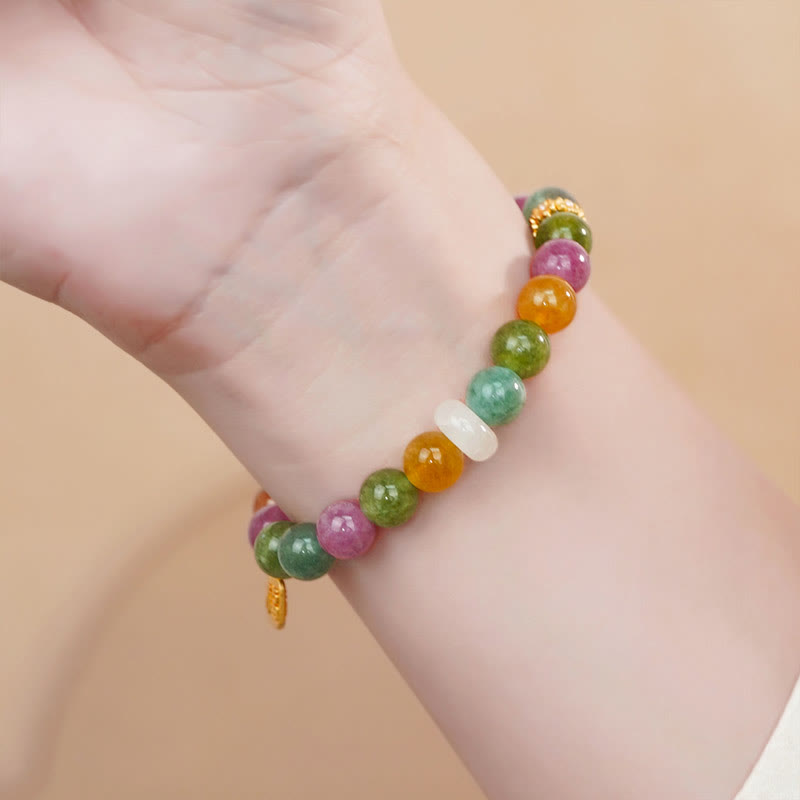 Buddha Stones Colorful Tourmaline Chalcedony Positive Fu Character Charm Bracelet