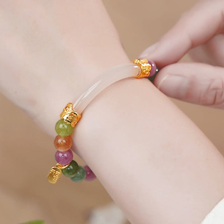 Buddha Stones Colorful Tourmaline Chalcedony Positive Fu Character Charm Bracelet