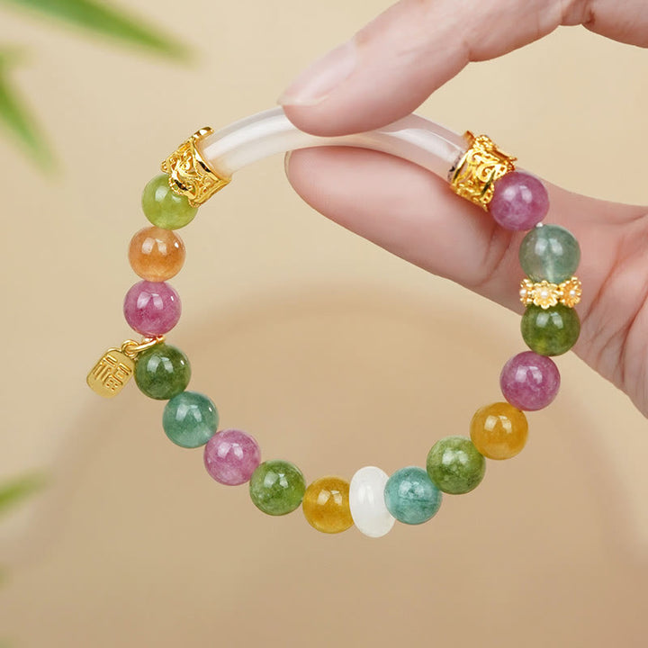 Buddha Stones Colorful Tourmaline Chalcedony Positive Fu Character Charm Bracelet