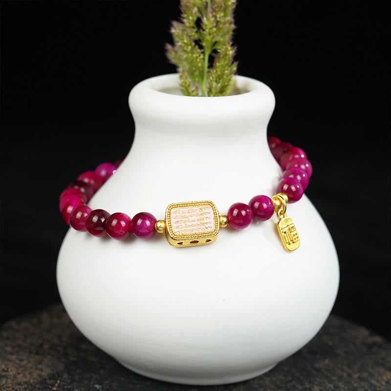 Buddha Stones Rose Red Tiger Eye Fu Character Courage Bracelet