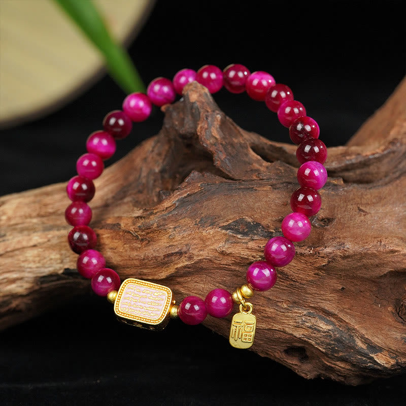 Buddha Stones Rose Red Tiger Eye Fu Character Courage Bracelet