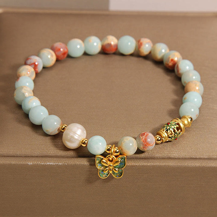 Buddha Stones Shoushan Stone Pearl Butterfly Wealth Bracelet