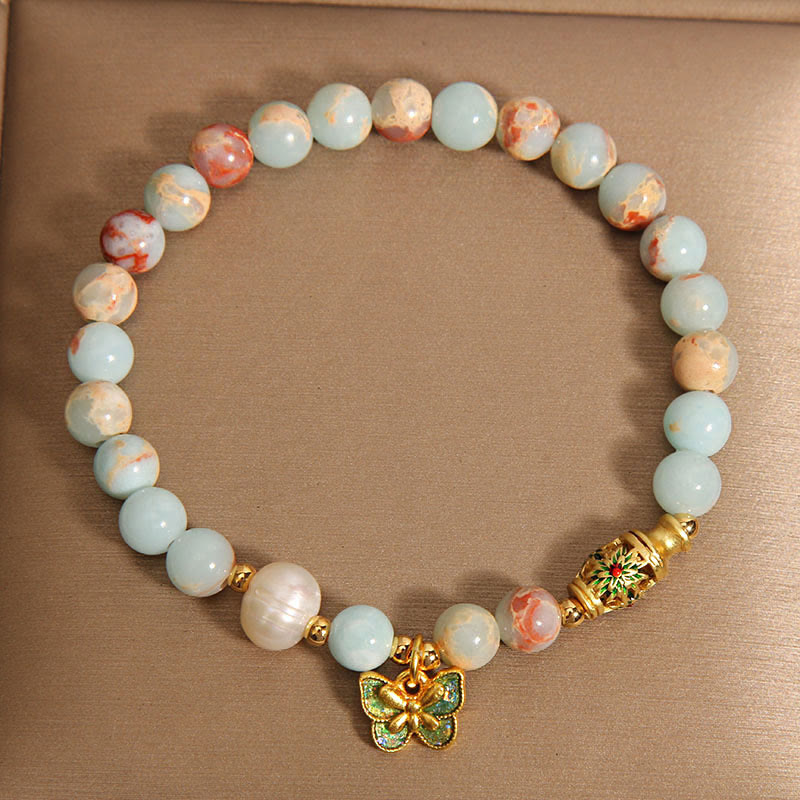 Buddha Stones Shoushan Stone Pearl Butterfly Wealth Bracelet