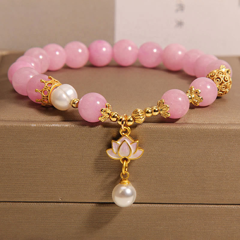 Buddha Stones Pink Jade Pearl Lotus Charm Harmony Bracelet