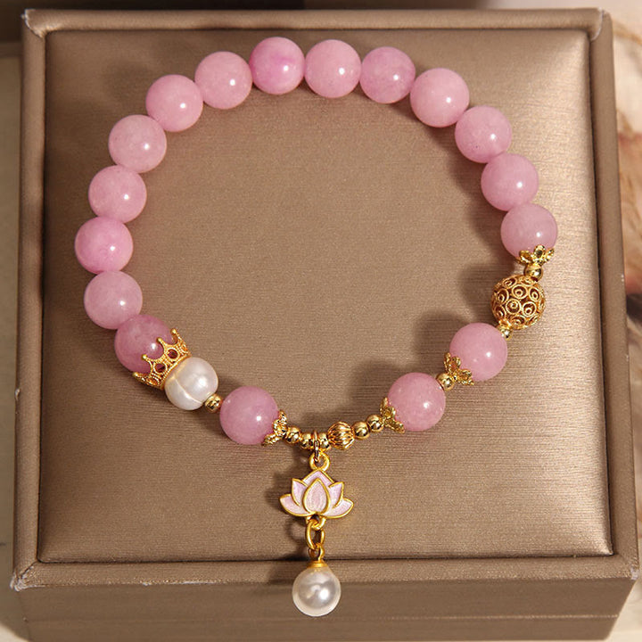 Buddha Stones Pink Jade Pearl Lotus Charm Harmony Bracelet