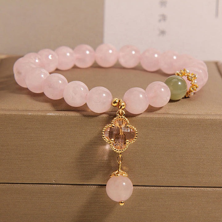 Buddha Stones Natural Pink Crystal Four Leaf Clover Soothing Bracelet