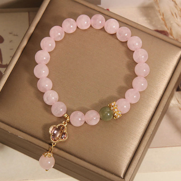 Buddha Stones Natural Pink Crystal Four Leaf Clover Soothing Bracelet