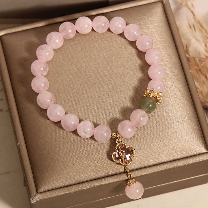 Buddha Stones Natural Pink Crystal Four Leaf Clover Soothing Bracelet