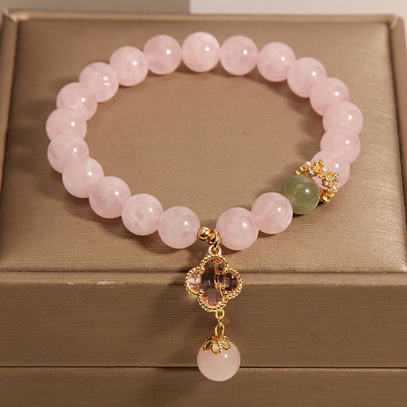 Buddha Stones Natural Pink Crystal Four Leaf Clover Soothing Bracelet