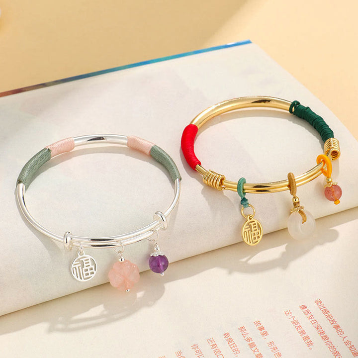 Buddha Stones Pink Crystal Peace Buckle Lucky Flower Love Bracelet Bangle