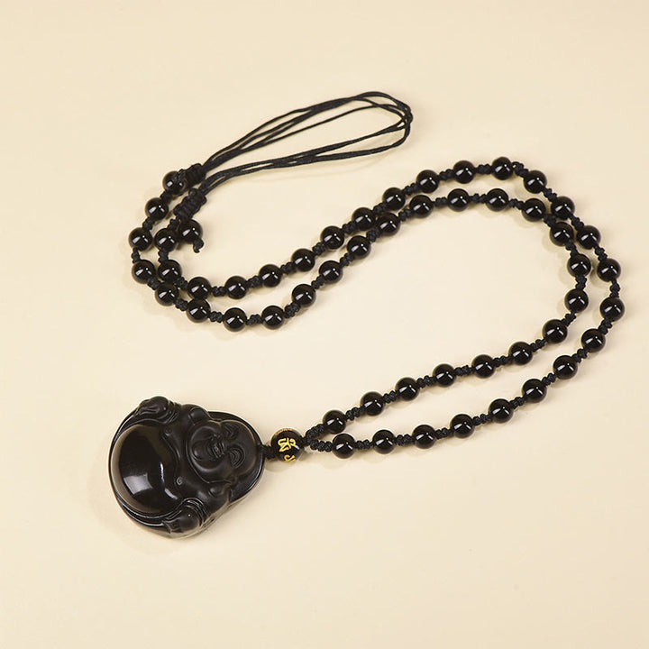 Buddha Stones Natural Black Obsidian Ice Obsidian Laughing Buddha Purification Necklace Pendant