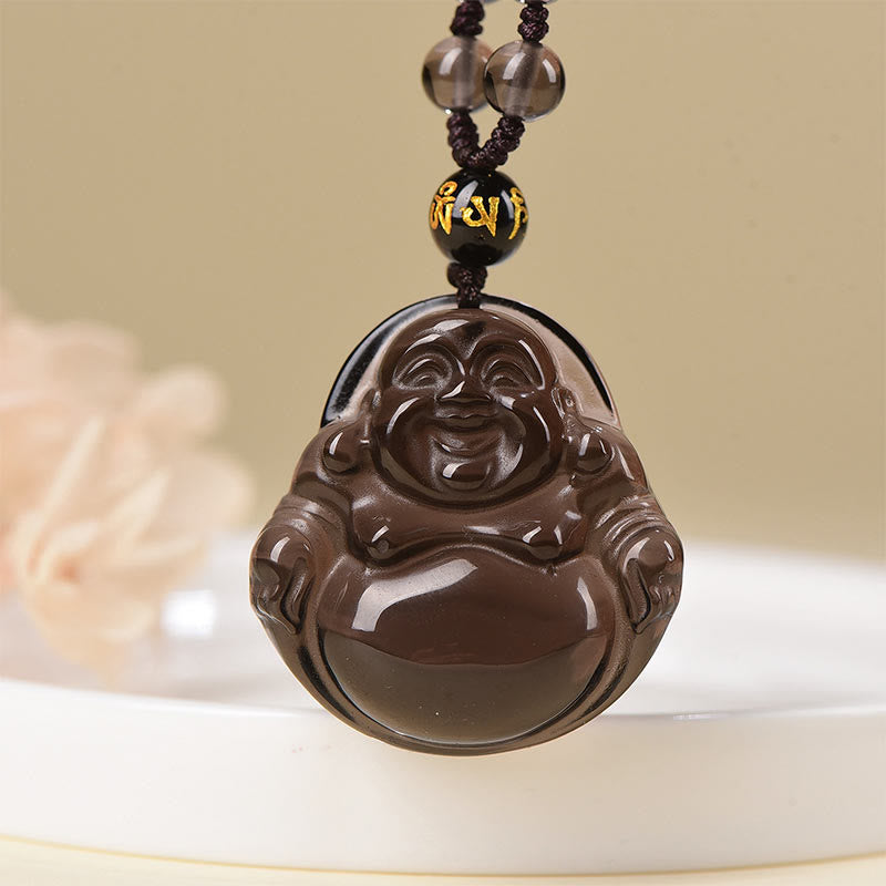 Buddha Stones Natural Black Obsidian Ice Obsidian Laughing Buddha Purification Necklace Pendant