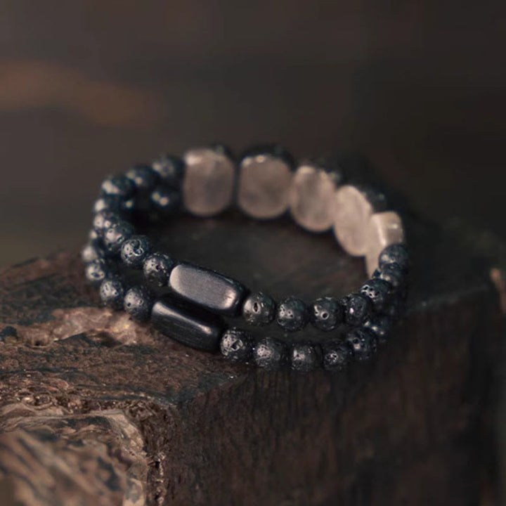 Buddha Stones Natural Silver Sheen Obsidian Lava Rock Communication Bracelet