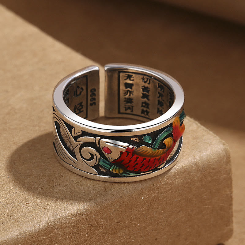 Buddha Stones Blue Enamel Koi Fish Heart Sutra Success Ring