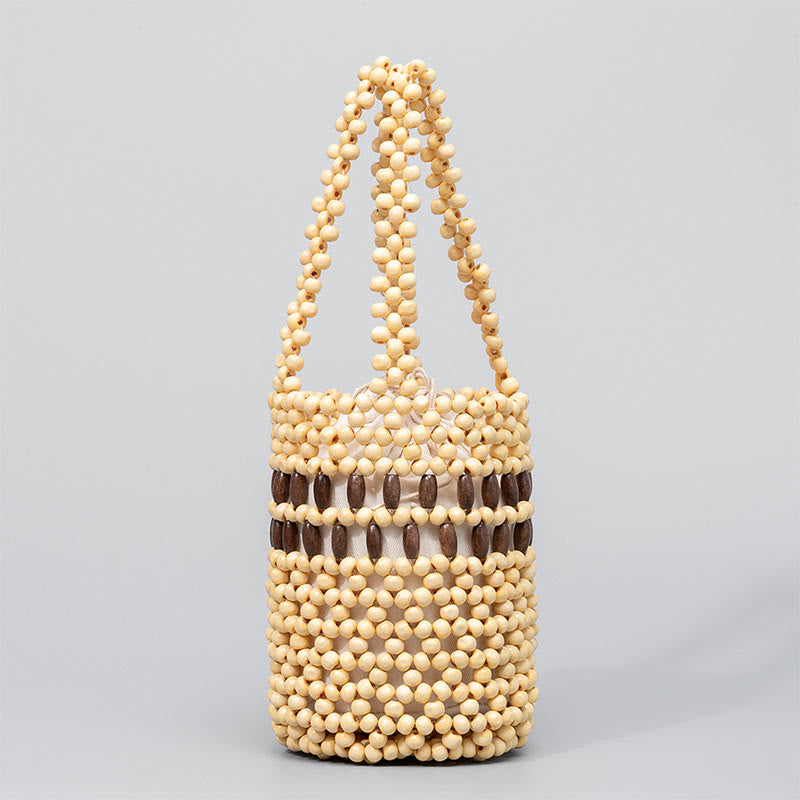 Buddha Stones Hand-woven Bucket Portable Wooden Beads Handbag