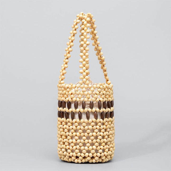 Buddha Stones Hand-woven Bucket Portable Wooden Beads Handbag