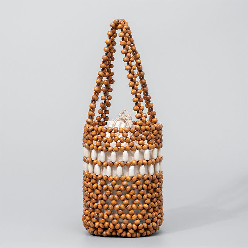 Buddha Stones Hand-woven Bucket Portable Wooden Beads Handbag