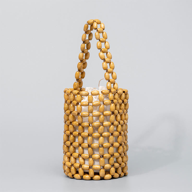 Buddha Stones Crude Wood Hand-woven Wooden Beads Handbag